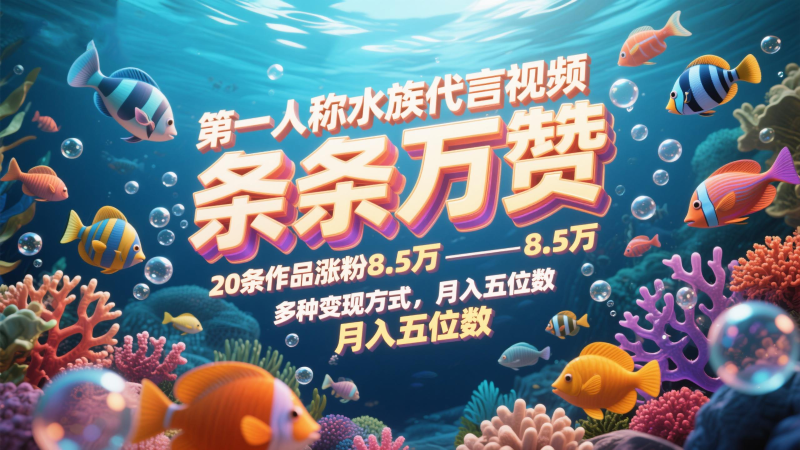 第一人称水族代言视频，条条万赞，20条作品涨粉8.5万，多种变现方式月，入五位数网赚项目-副业赚钱-互联网创业-资源整合八方网创
