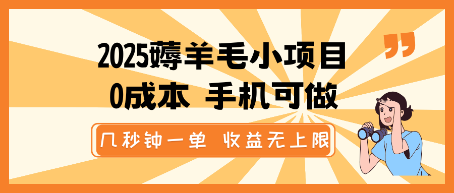2025薅羊毛小项目，0成本 手机可做，几秒钟一单，收益无上限网赚项目-副业赚钱-互联网创业-资源整合八方网创