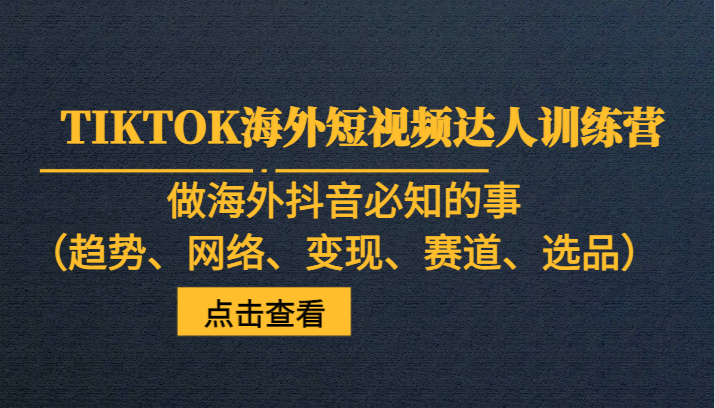 TIKTOK海外短视频达人训练营，做海外抖音必知的事（趋势、网络、变现、赛道、选品）网赚项目-副业赚钱-互联网创业-资源整合八方网创