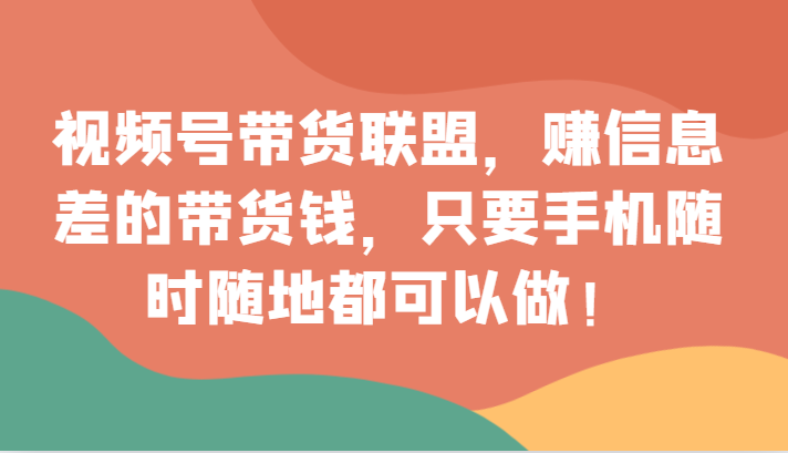视频号带货联盟，赚信息差的带货钱，只需手机随时随地都可以做！网赚项目-副业赚钱-互联网创业-资源整合八方网创