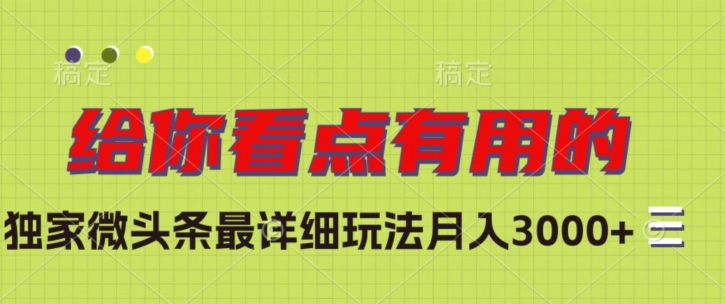 独家微头条最详细玩法，月入3000+【揭秘】网赚项目-副业赚钱-互联网创业-资源整合八方网创