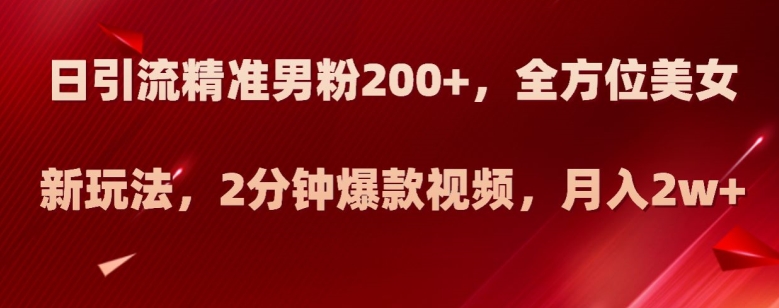 日引流精准男粉200+，全方位美女新玩法，2分钟爆款视频，月入2w+【揭秘】网赚项目-副业赚钱-互联网创业-资源整合八方网创