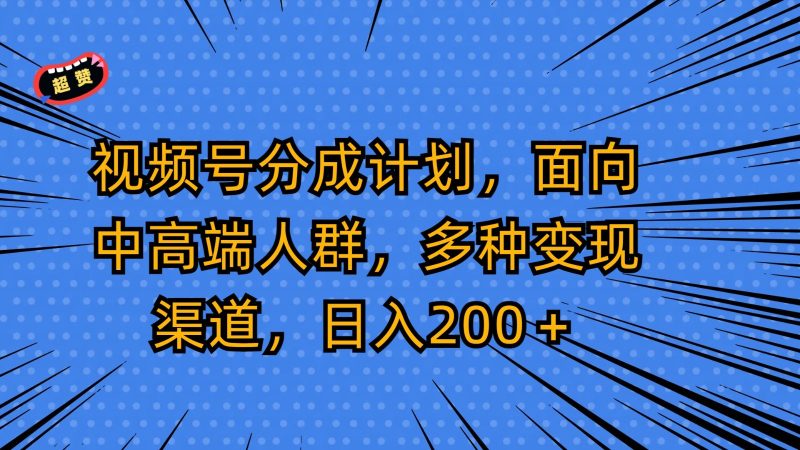 视频号分成计划，面向中高端人群，多种变现渠道，日入200＋网赚项目-副业赚钱-互联网创业-资源整合八方网创