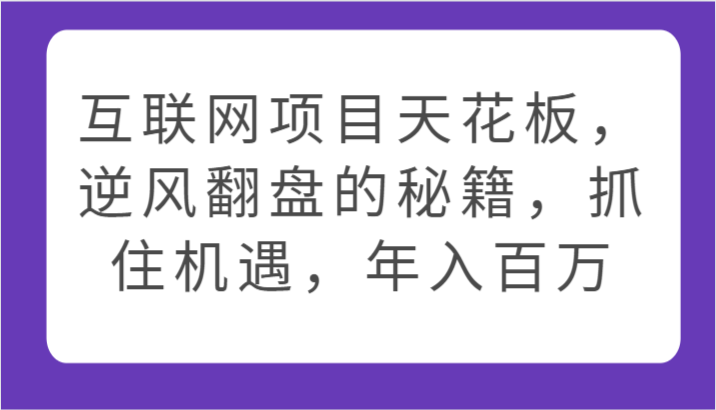 互联网项目天花板，逆风翻盘的秘籍，抓住机遇，年入百万网赚项目-副业赚钱-互联网创业-资源整合八方网创