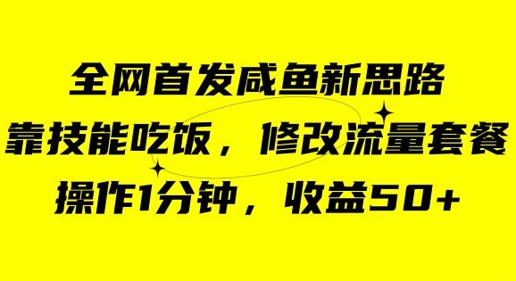 咸鱼冷门新玩法，靠“技能吃饭”，修改流量套餐，操作1分钟，收益50【揭秘】网赚项目-副业赚钱-互联网创业-资源整合八方网创