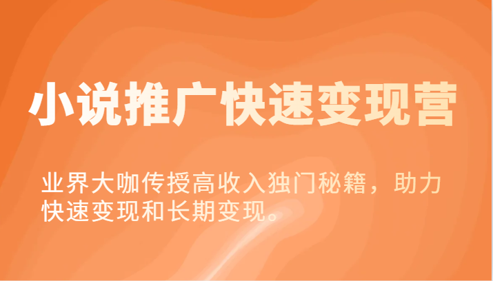 小说推广快速变现营-业界大咖传授高收入独门秘籍，助力快速变现和长期变现。网赚项目-副业赚钱-互联网创业-资源整合八方网创