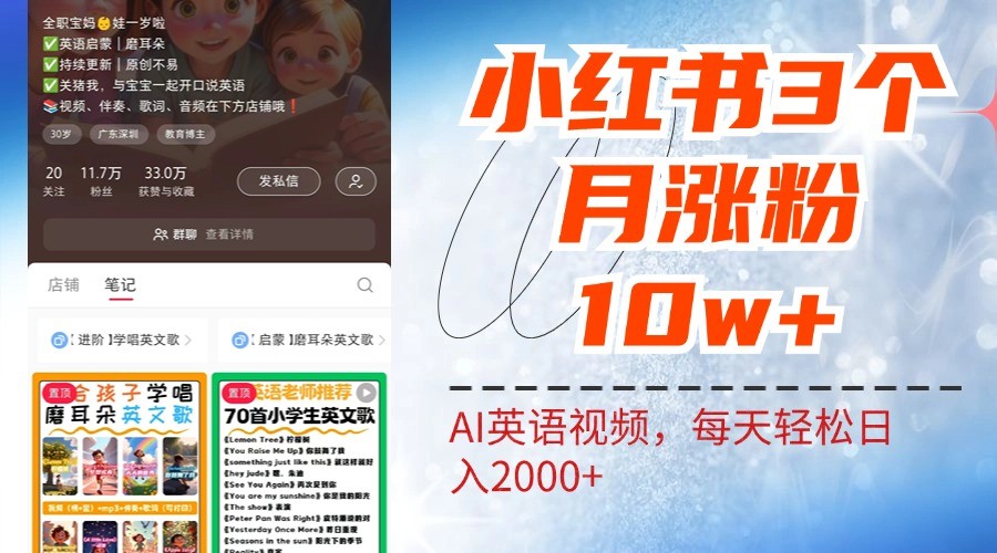 小红书三个月涨粉10W，AI英语视频0成本制作，每天轻松日入2000+网赚项目-副业赚钱-互联网创业-资源整合八方网创