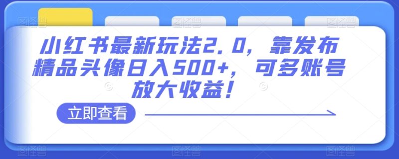 小红书最新玩法2.0，靠发布精品头像日入500+，可多账号放大收益！【揭秘】网赚项目-副业赚钱-互联网创业-资源整合八方网创