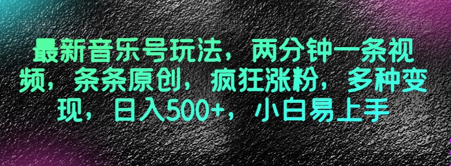 最新音乐号玩法，两分钟一条视频，条条原创，疯狂涨粉，多种变现，日入500+，小白易上手【揭秘】网赚项目-副业赚钱-互联网创业-资源整合八方网创