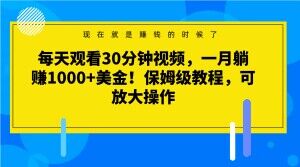 每天观看30分钟视频，一月躺赚1000+美金！保姆级教程，可放大操作【揭秘】网赚项目-副业赚钱-互联网创业-资源整合八方网创