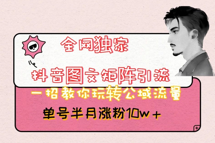 全网独家抖音图文矩阵引流，一招教你玩转公域流量，单号半月涨粉10w+【揭秘】网赚项目-副业赚钱-互联网创业-资源整合八方网创