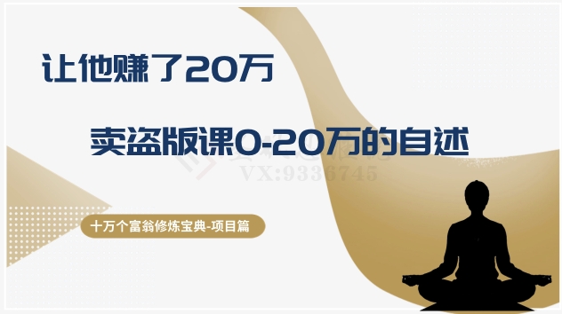 十万个富翁修炼宝典之9.让他赚了20万，卖盗版课0-20万的自述网赚项目-副业赚钱-互联网创业-资源整合八方网创