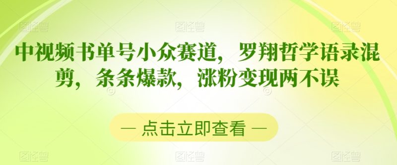 中视频书单号小众赛道，罗翔哲学语录混剪，条条爆款，涨粉变现两不误网赚项目-副业赚钱-互联网创业-资源整合八方网创