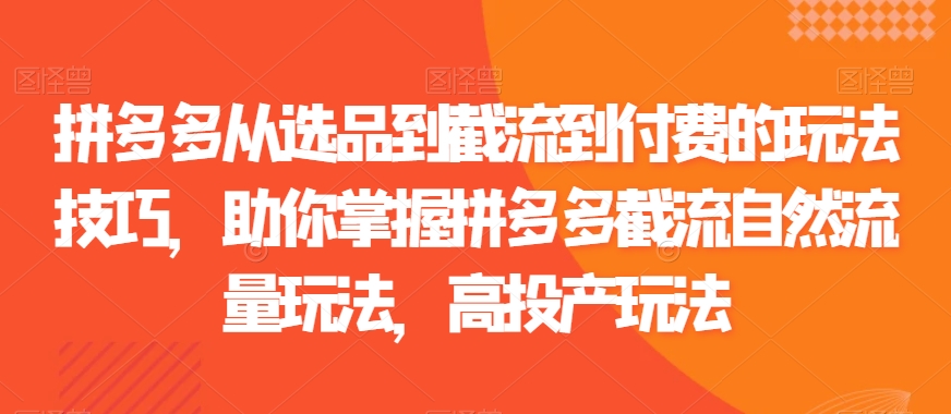 拼多多从选品到截流到付费的玩法技巧，助你掌握拼多多截流自然流量玩法，高投产玩法网赚项目-副业赚钱-互联网创业-资源整合八方网创