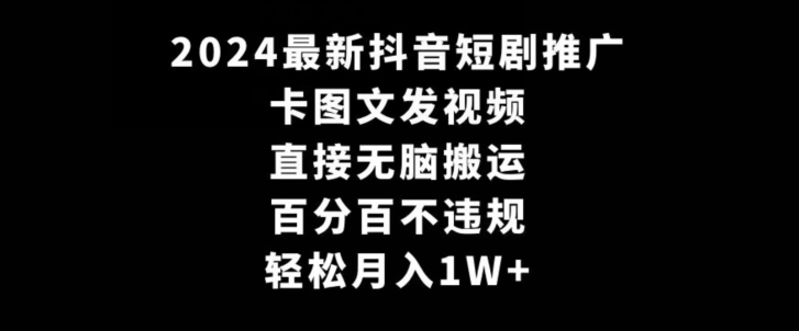 2024最新抖音短剧推广，卡图文发视频，直接无脑搬，百分百不违规，轻松月入1W+网赚项目-副业赚钱-互联网创业-资源整合八方网创