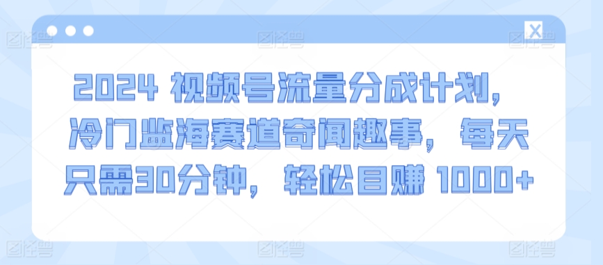 2024视频号流量分成计划，冷门监海赛道奇闻趣事，每天只需30分钟，轻松目赚 1000+网赚项目-副业赚钱-互联网创业-资源整合八方网创