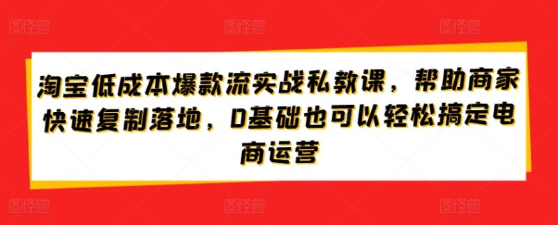淘宝低成本爆款流实战私教课,帮助商家快速复制落地,0基础也可以轻松搞定电商运营网赚项目-副业赚钱-互联网创业-资源整合八方网创