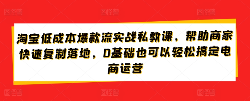 淘宝低成本爆款流实战私教课，帮助商家快速复制落地，0基础也可以轻松搞定电商运营网赚项目-副业赚钱-互联网创业-资源整合八方网创