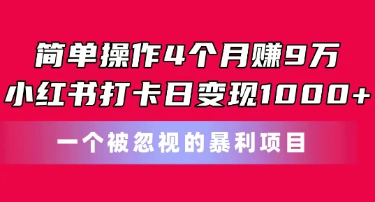简单操作4个月赚9w，小红书打卡日变现1k，一个被忽视的暴力项目网赚项目-副业赚钱-互联网创业-资源整合八方网创