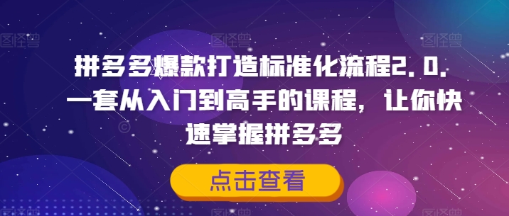 拼多多爆款打造标准化流程2.0，一套从入门到高手的课程，让你快速掌握拼多多网赚项目-副业赚钱-互联网创业-资源整合八方网创