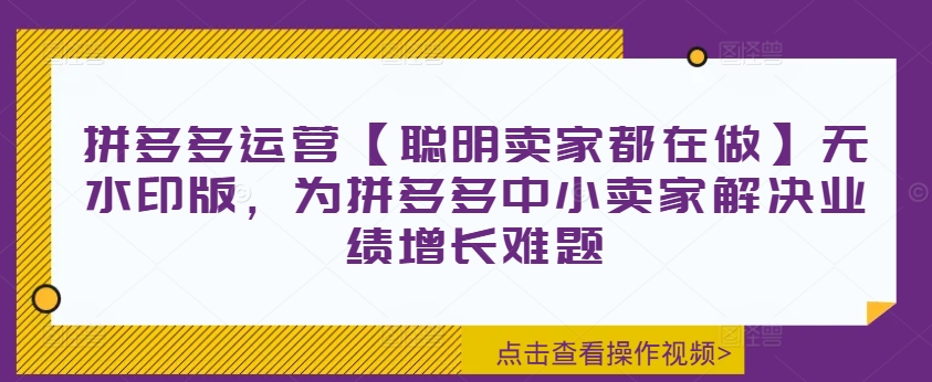 拼多多运营【聪明卖家都在做】无水印版，为拼多多中小卖家解决业绩增长难题网赚项目-副业赚钱-互联网创业-资源整合八方网创