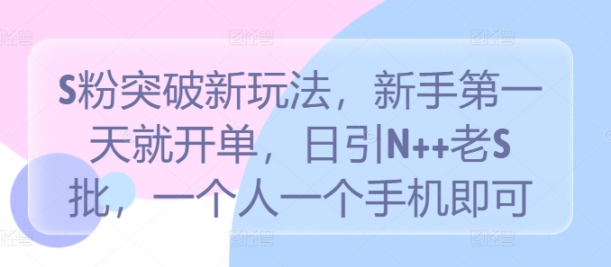 S粉突破新玩法，新手第一天就开单，日引N++老S批，一个人一个手机即可网赚项目-副业赚钱-互联网创业-资源整合八方网创