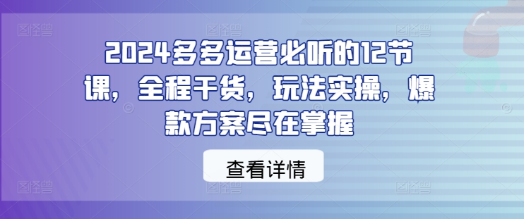 2024多多运营必听的12节课，全程干货，玩法实操，爆款方案尽在掌握网赚项目-副业赚钱-互联网创业-资源整合八方网创