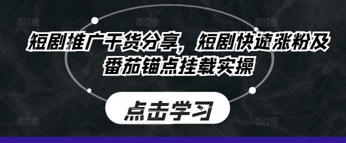 短剧推广干货分享，短剧快速涨粉及番茄锚点挂载实操网赚项目-副业赚钱-互联网创业-资源整合八方网创