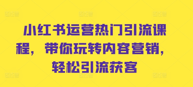 小红书运营热门引流课程，带你玩转内容营销，轻松引流获客网赚项目-副业赚钱-互联网创业-资源整合八方网创