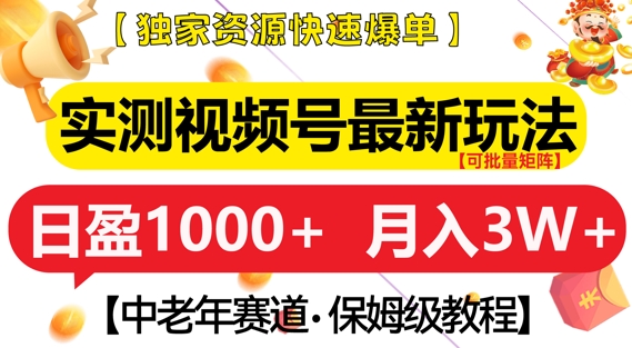 实测视频号最新玩法，中老年赛道，独家资源，月入过W+网赚项目-副业赚钱-互联网创业-资源整合八方网创