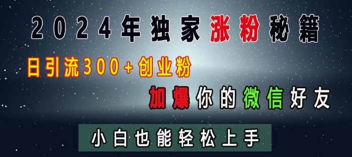2024年独家涨粉秘籍，日引流300+创业粉，加爆你的微信好友，小白也能轻松上手网赚项目-副业赚钱-互联网创业-资源整合八方网创
