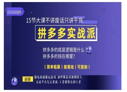 朋哥电商(拼多多实战派)，15节大课不讲废话只讲干货，简单粗暴 能落地 可复制网赚项目-副业赚钱-互联网创业-资源整合八方网创