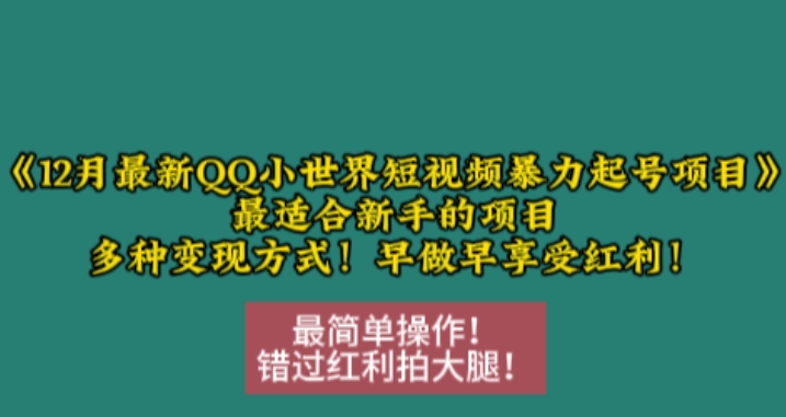 12月最新QQ小世界短视频暴力起号项目，最适合新手的项目，多种变现方式网赚项目-副业赚钱-互联网创业-资源整合八方网创