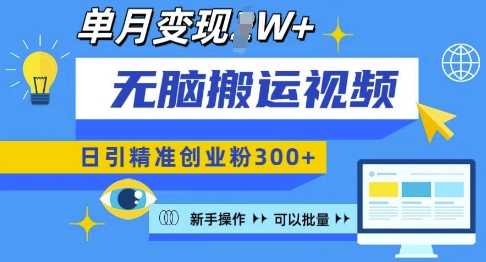 无脑搬运视频号可批量复制，新手即可操作，日引精准创业粉300+，月变现过W 网赚项目-副业赚钱-互联网创业-资源整合八方网创