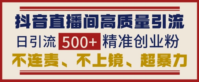 抖音直播间引流创业粉，无需连麦、不用上镜、超暴力，日引流500+高质量精准创业粉网赚项目-副业赚钱-互联网创业-资源整合八方网创