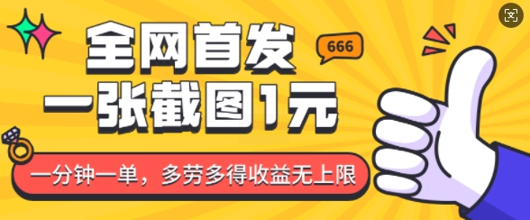 全网首发，一张截图1块钱，一分钟一单，多劳多得，收益无上限网赚项目-副业赚钱-互联网创业-资源整合八方网创
