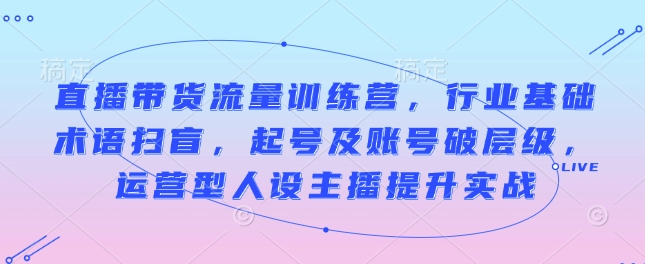 直播带货流量训练营，行业基础术语扫盲，起号及账号破层级，运营型人设主播提升实战网赚项目-副业赚钱-互联网创业-资源整合八方网创
