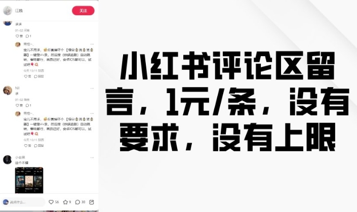 小红书评论区留言，1元条，没有要求，没有上限网赚项目-副业赚钱-互联网创业-资源整合八方网创