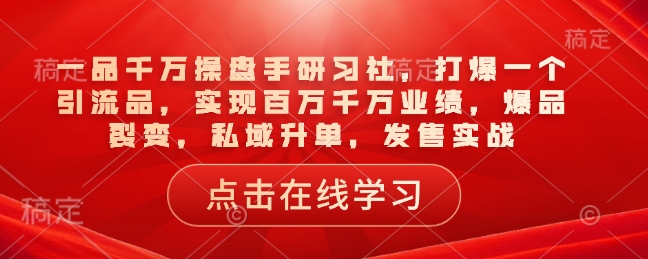 一品千万操盘手研习社，打爆一个引流品，实现百万千万业绩，爆品裂变，私域升单，发售实战网赚项目-副业赚钱-互联网创业-资源整合八方网创