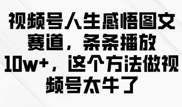 视频号人生感悟图文赛道，条条播放10w+，这个方法做视频号太牛了网赚项目-副业赚钱-互联网创业-资源整合八方网创