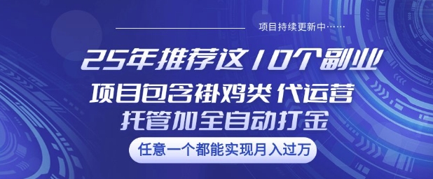 25年推荐这10个副业项目包含褂鸡类、代运营托管类、全自动打金类网赚项目-副业赚钱-互联网创业-资源整合八方网创
