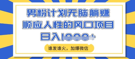 男粉计划无脑躺Z，顺应人性的风口项目，谁发谁火，加爆微信，日入多张网赚项目-副业赚钱-互联网创业-资源整合八方网创