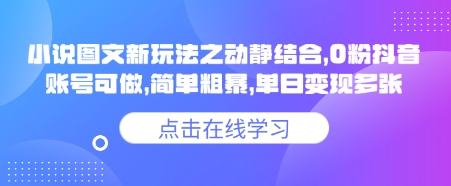 小说推文图文新玩法之动静结合，0粉抖音账号可做，简单粗暴，单日变现多张网赚项目-副业赚钱-互联网创业-资源整合八方网创