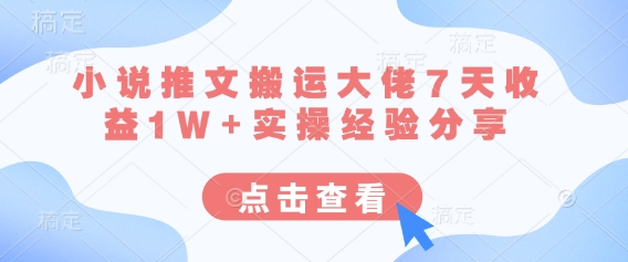 小说推文搬运大佬7天收益1W+实操经验分享网赚项目-副业赚钱-互联网创业-资源整合八方网创