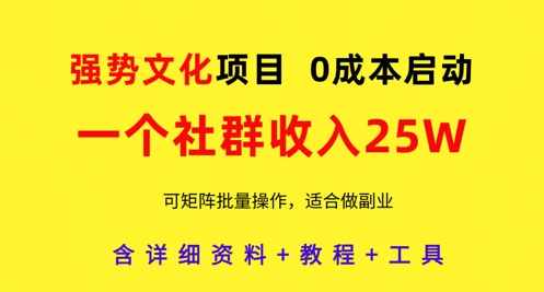 强势文化项目，一个社群收入25个W，0成本启动，可矩阵批量操作，原创详细实操教程网赚项目-副业赚钱-互联网创业-资源整合八方网创