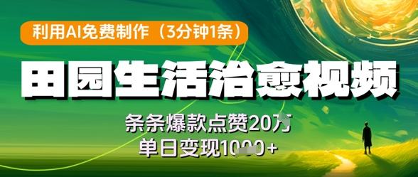 利用AI免费制作田园生活治愈视频，条条爆款点赞20W，单日变现几张网赚项目-副业赚钱-互联网创业-资源整合八方网创