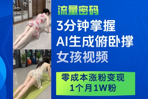 3分钟掌握AI生成俯卧撑女孩视频，零成本涨粉变现，1个月1W粉网赚项目-副业赚钱-互联网创业-资源整合八方网创