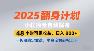 2025翻身计划，小程序全自动掘金，48小时可见收益，日入8张+，长期稳定靠谱，小白宝妈轻松上手网赚项目-副业赚钱-互联网创业-资源整合八方网创