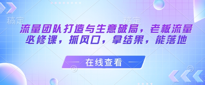 流量团队打造与生意破局，老板流量必修课，抓风口，拿结果，能落地网赚项目-副业赚钱-互联网创业-资源整合八方网创
