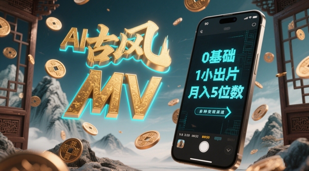 AI一键生成古风音乐MV，0剪辑基础1小时出片，多种变现渠道，一部手机月入5位数网赚项目-副业赚钱-互联网创业-资源整合八方网创